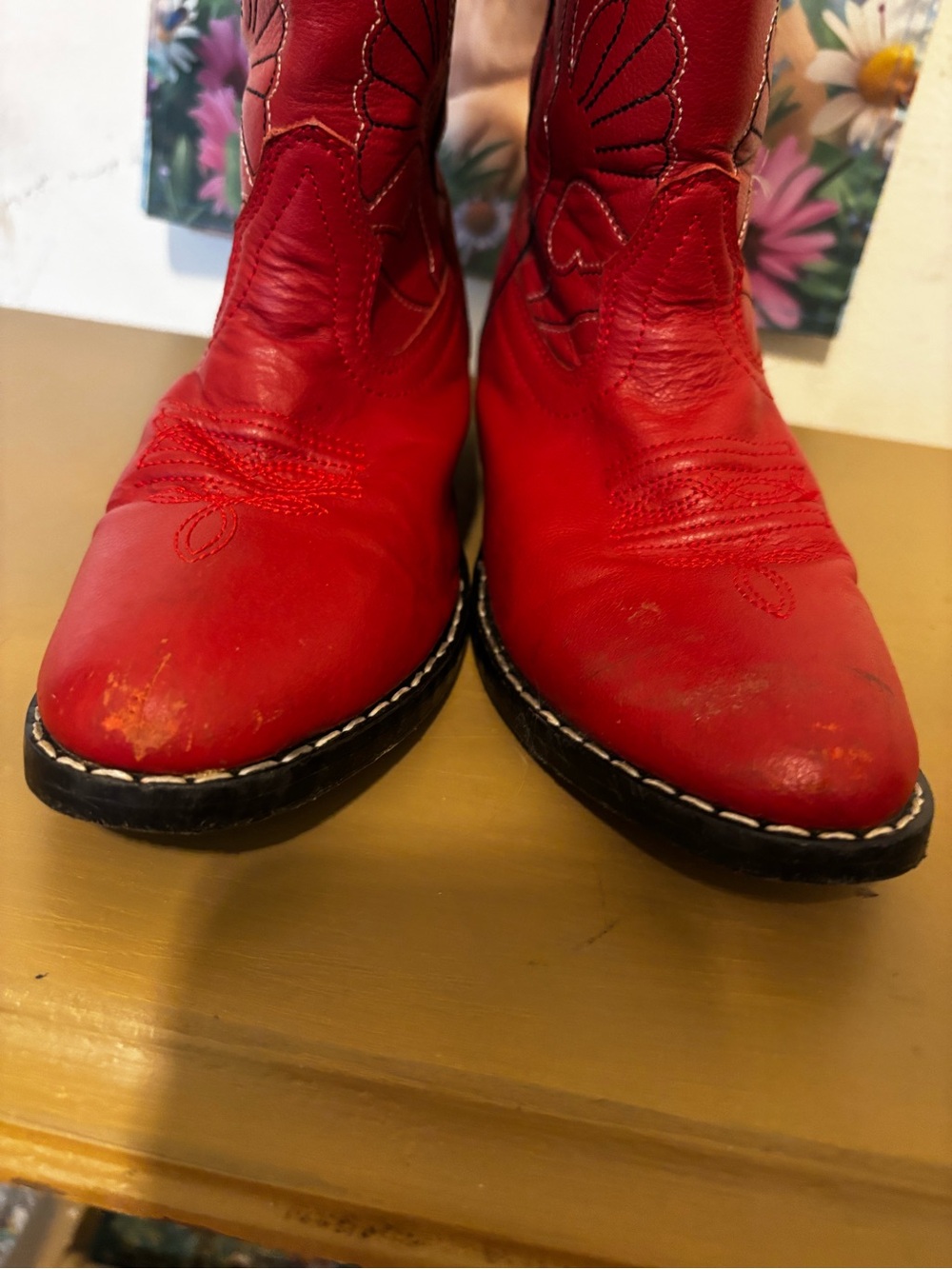 Kids Red Western Cowboy Boots with Stitched Detailing - Picture 2 of 9